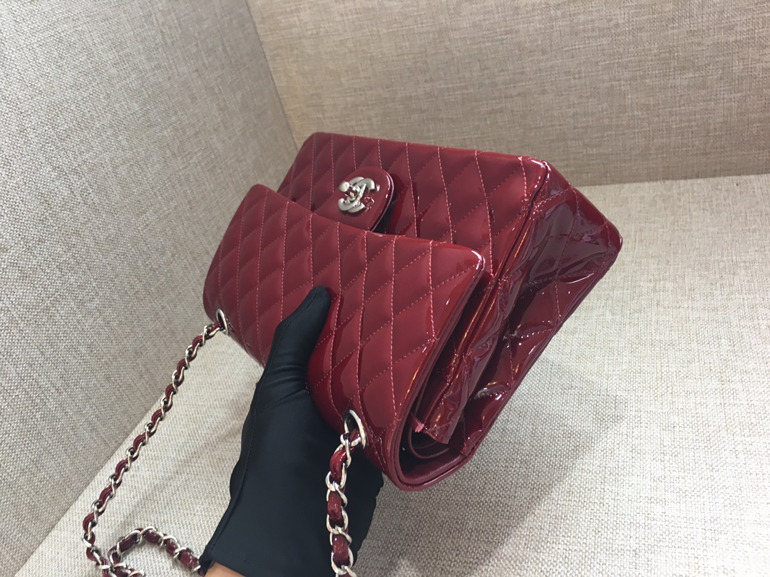 Medium Classic Flap Patent Leather Bag AO1112 Dark Red/Silver